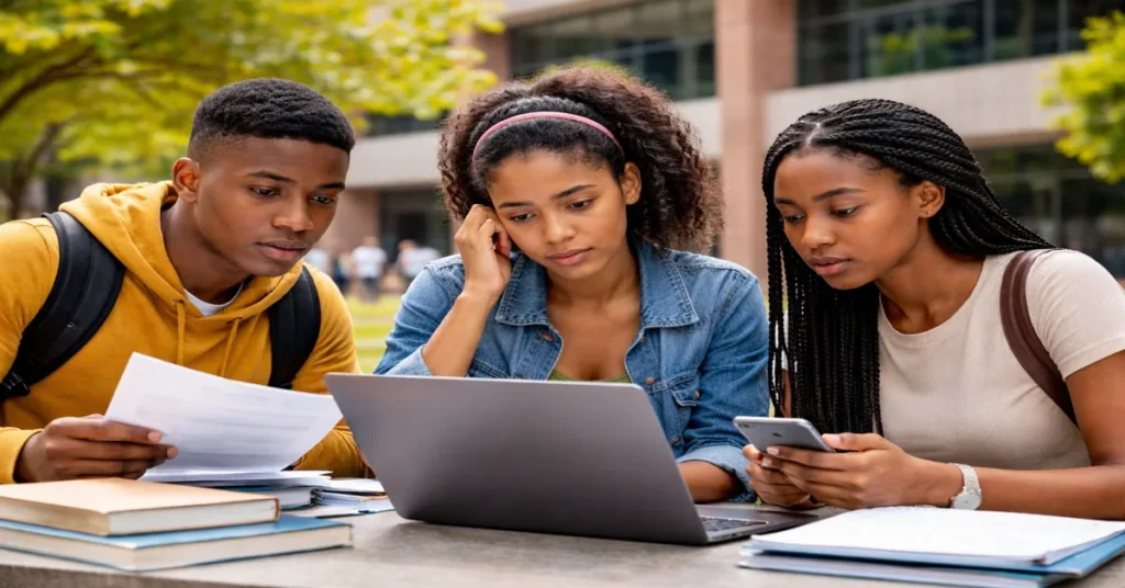 tudents reviewing NSFAS appeal application status for 2026 at a university campus